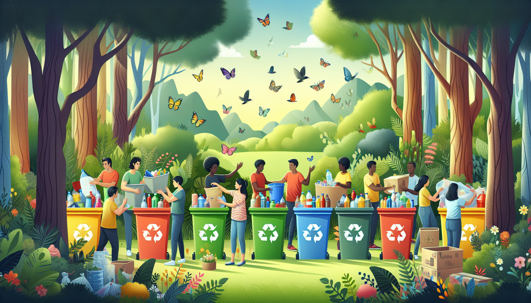 A vibrant illustration of environmentally friendly recycling services, showcasing recycling bins and nature.