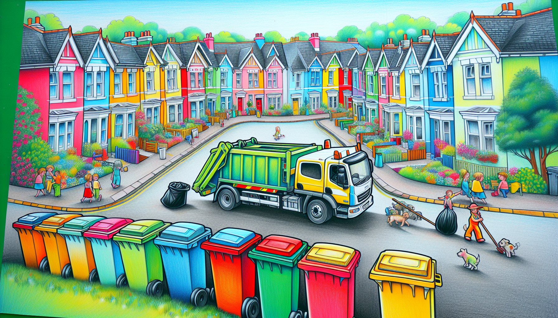 An illustration showing a residential area with trash bins and a trash pickup truck, highlighting residential trash pickup services.