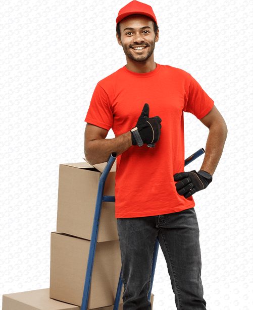 man standing next to moving boxes
