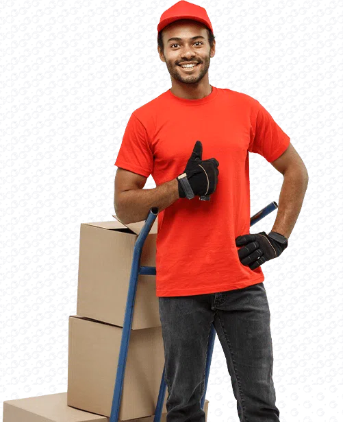 man standing next to moving boxes