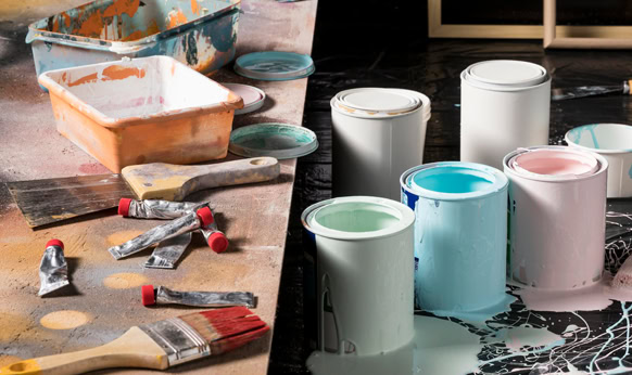 old paint cans, paint brushes