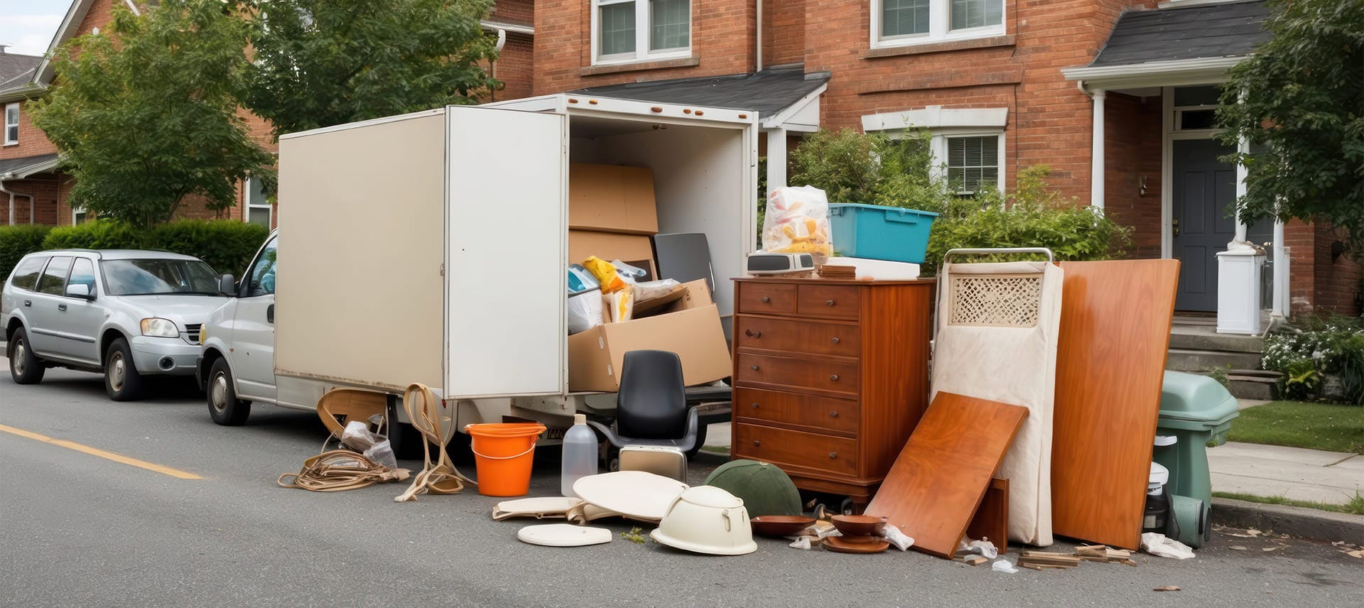 junk haulers loading truck, old furniture on the curb