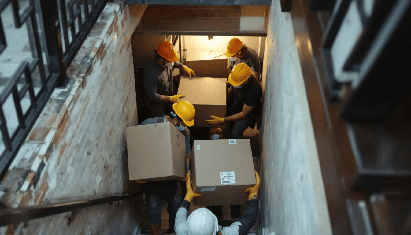 A professional team, equipped with protective gear, is carefully removing bulky unwanted items from basement stairs, demonstrating efficient junk removal services. They work closely to ensure safe handling and disposal of appliances and construction debris, providing a responsible solution for clearing out residential spaces.
