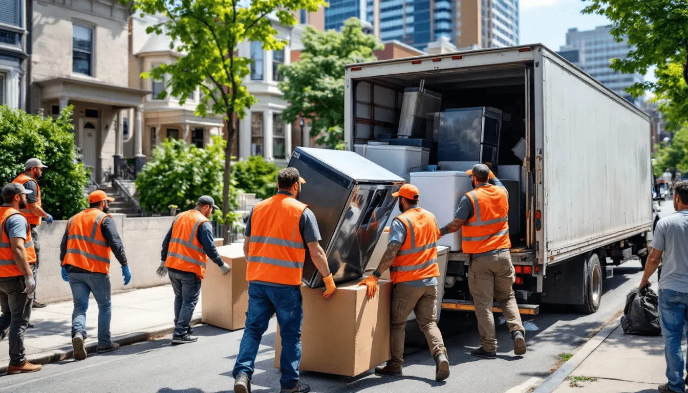 A professional junk removal team is efficiently loading unwanted items, including bulky furniture and appliances, onto a truck in a Chicago neighborhood. The well-equipped crew works closely to ensure safe disposal and recycling of items, providing a full service junk removal experience for local residents.