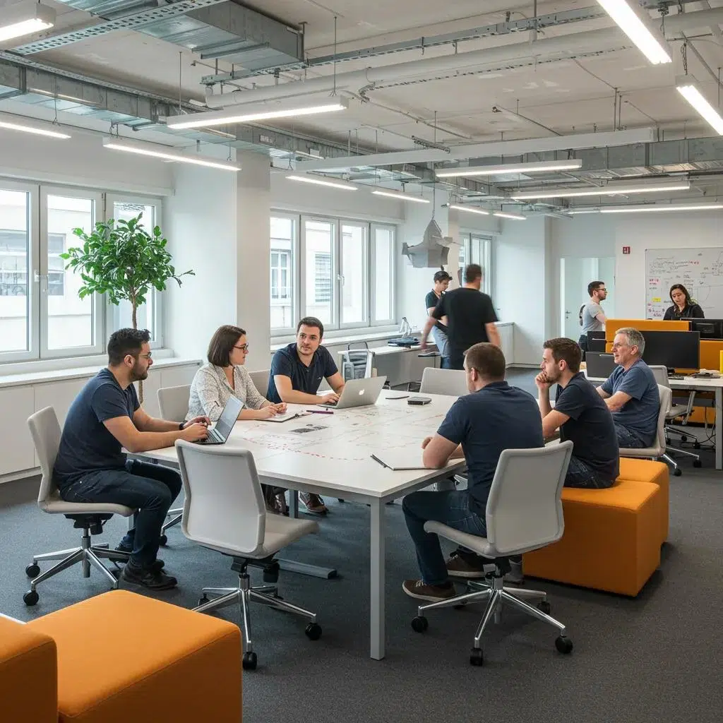 Collaborative workspace with employees brainstorming around a large table in a decluttered office