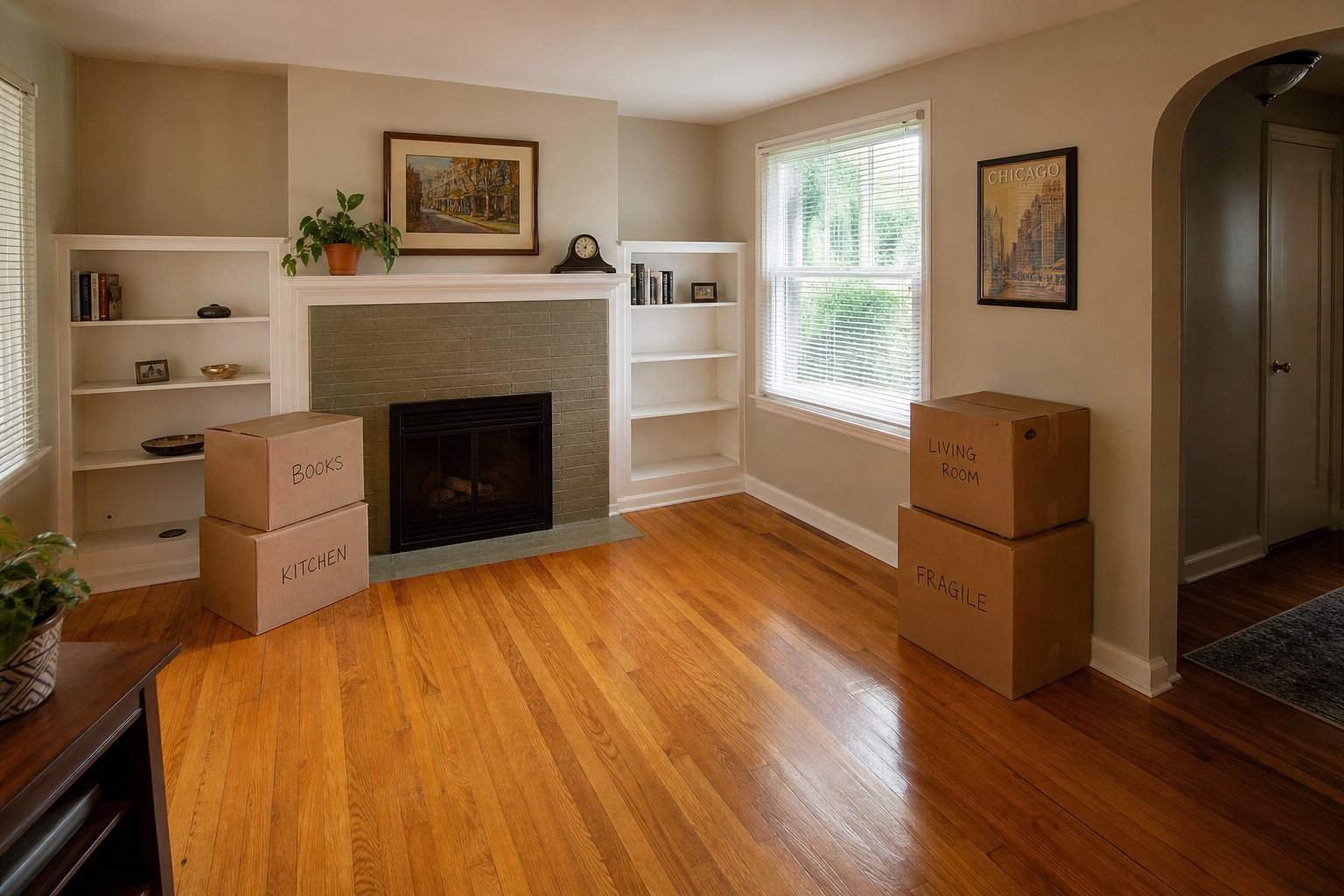 Partially cleared Chicago living room with labeled moving boxes during an estate and downsizing cleanout