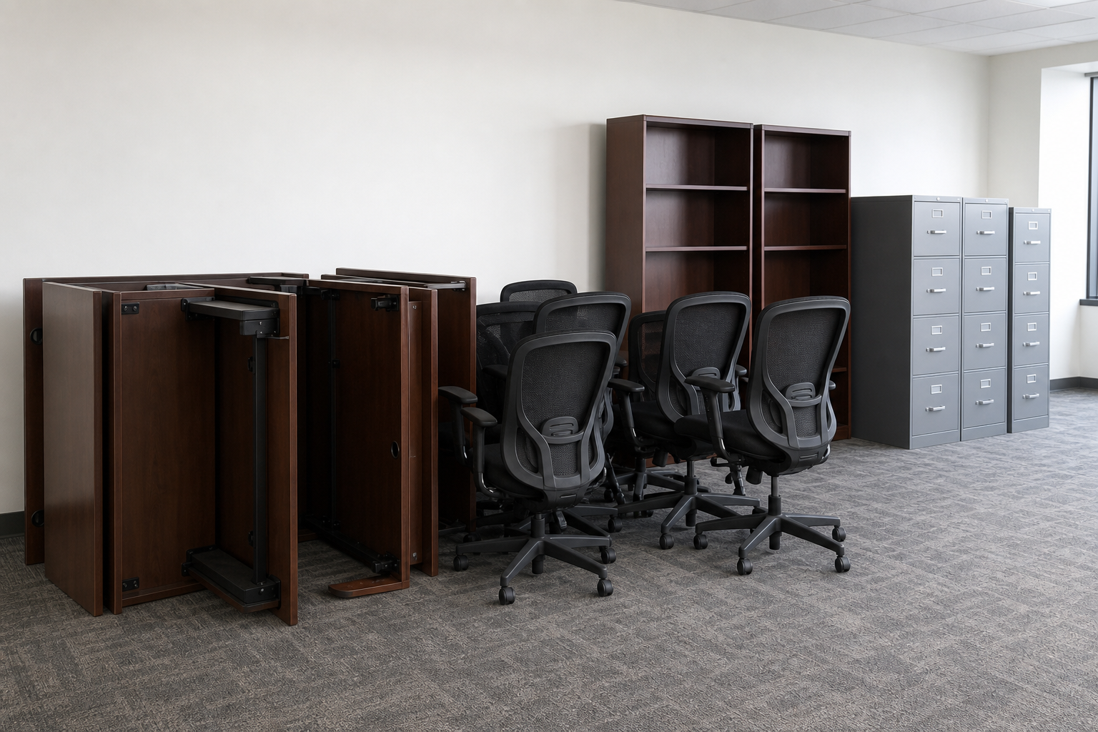 Stacked office desks, chairs and filing cabinets grouped for office junk removal in a Chicago office