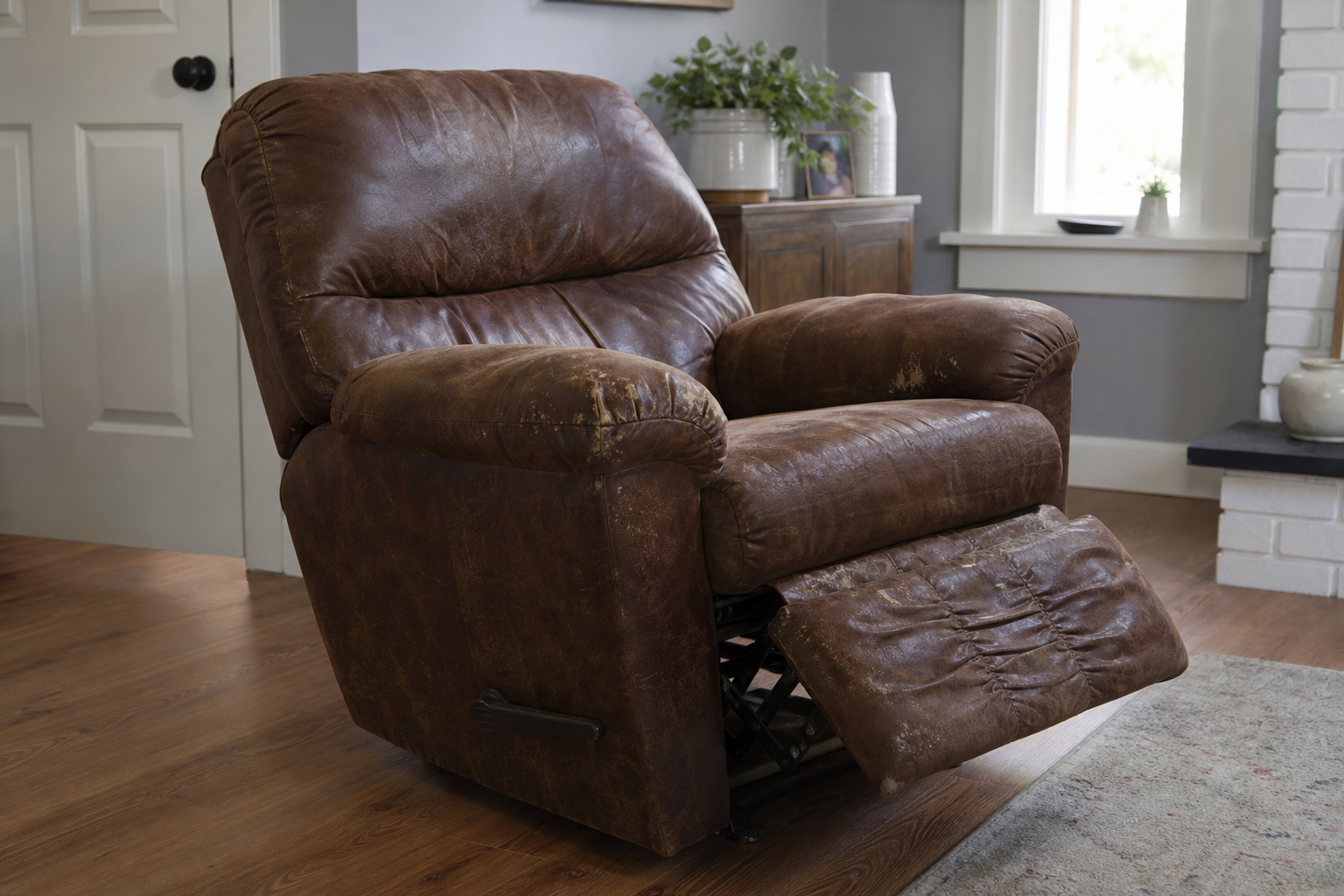 Leather recliner chair in a home living room for furniture removal