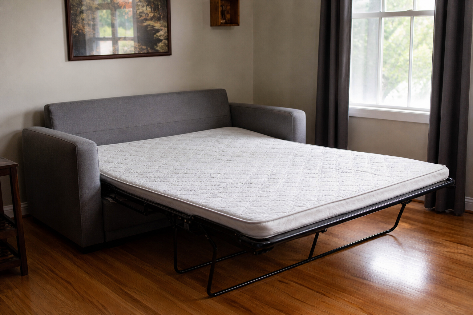 Pull-out sleeper sofa with bed frame ready for haul-away
