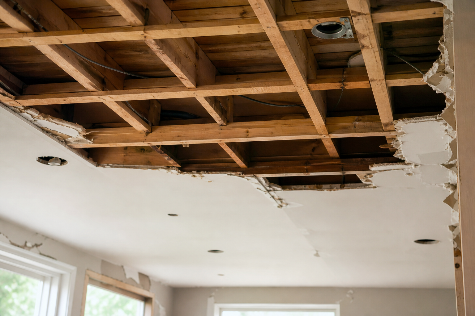 Partially removed drywall ceiling with exposed joists