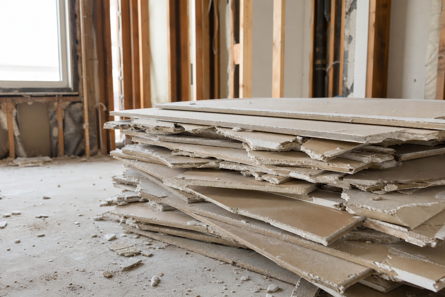 Stacked broken demolition drywall sheets in a renovation room