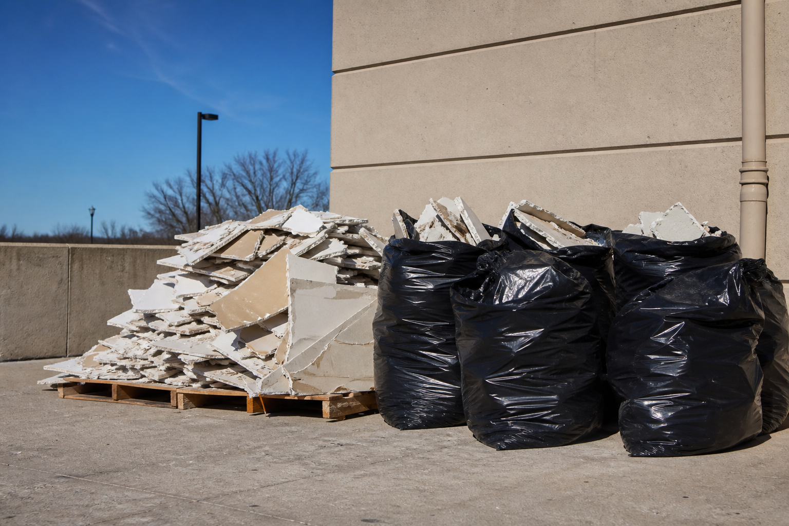 Drywall debris bagged and stacked on a pallet for disposal and recycling