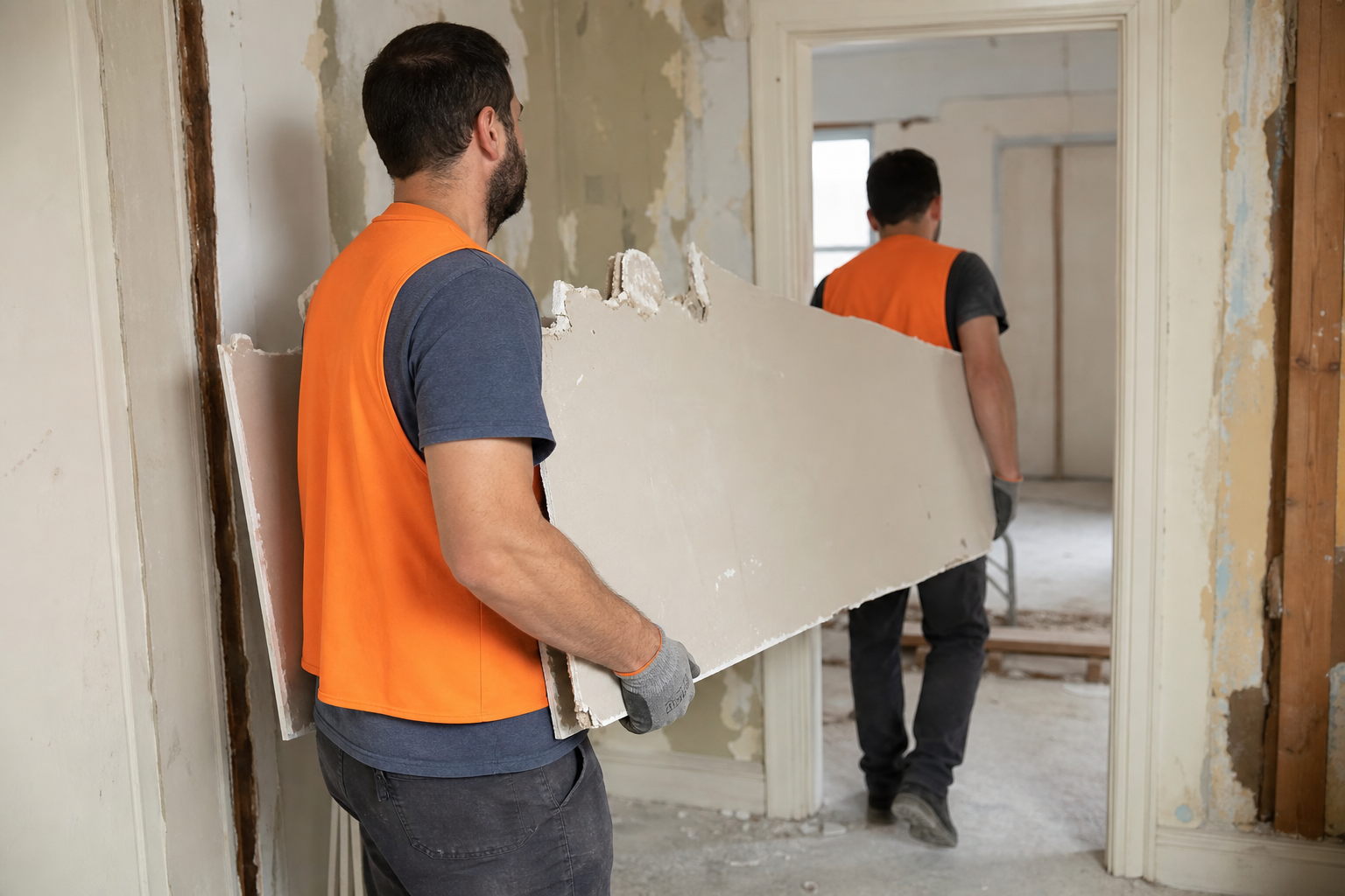 Crew carrying sheets of removed drywall out of a renovation room