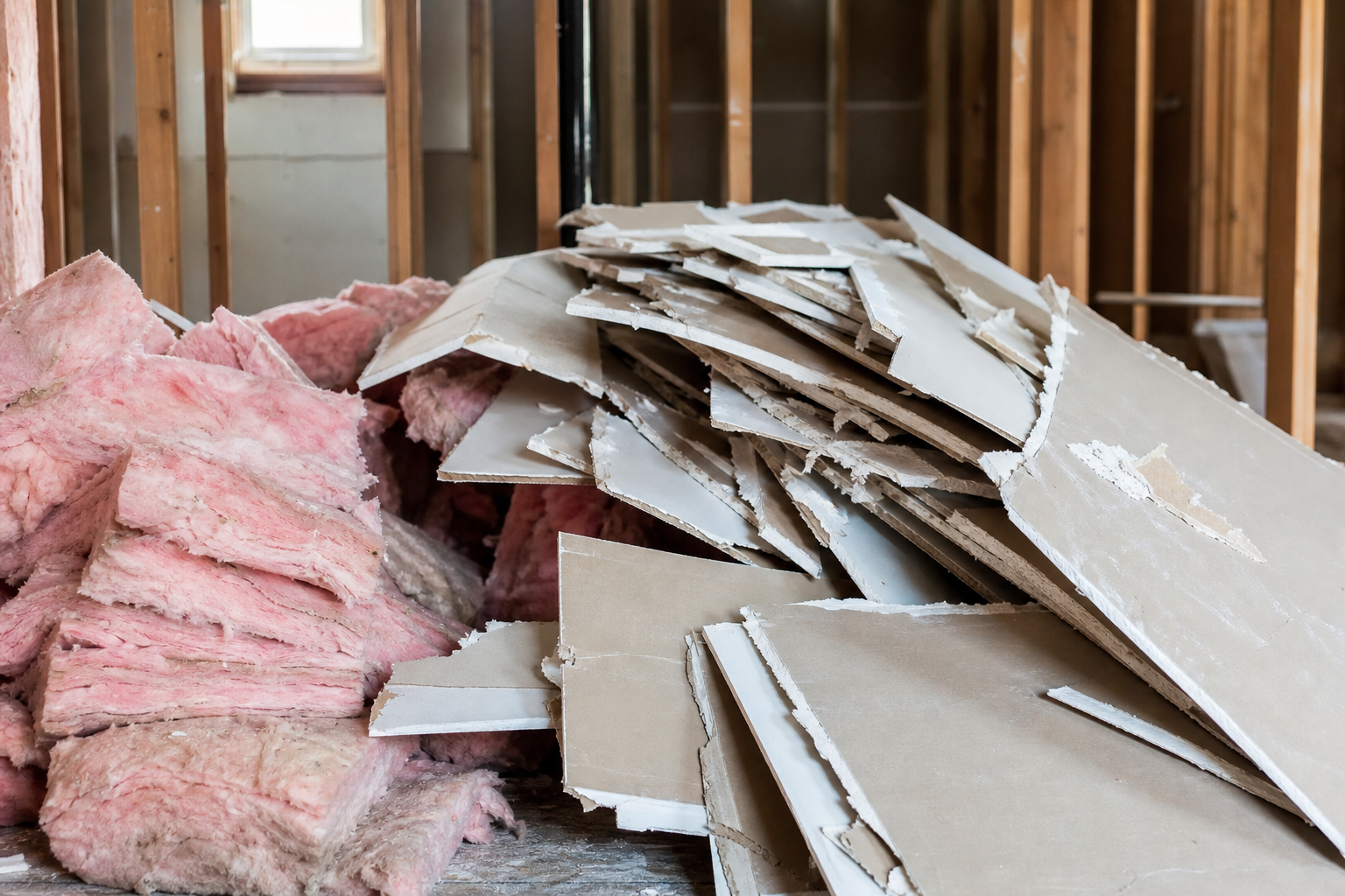 Removed drywall piled with fiberglass insulation batts