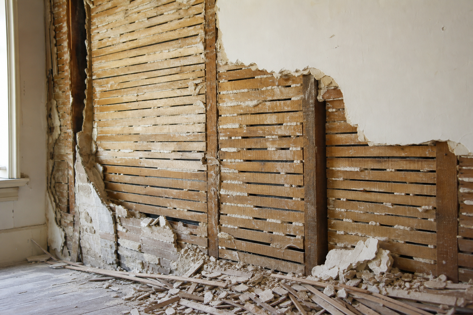 Old plaster and wood lath wall torn out during renovation