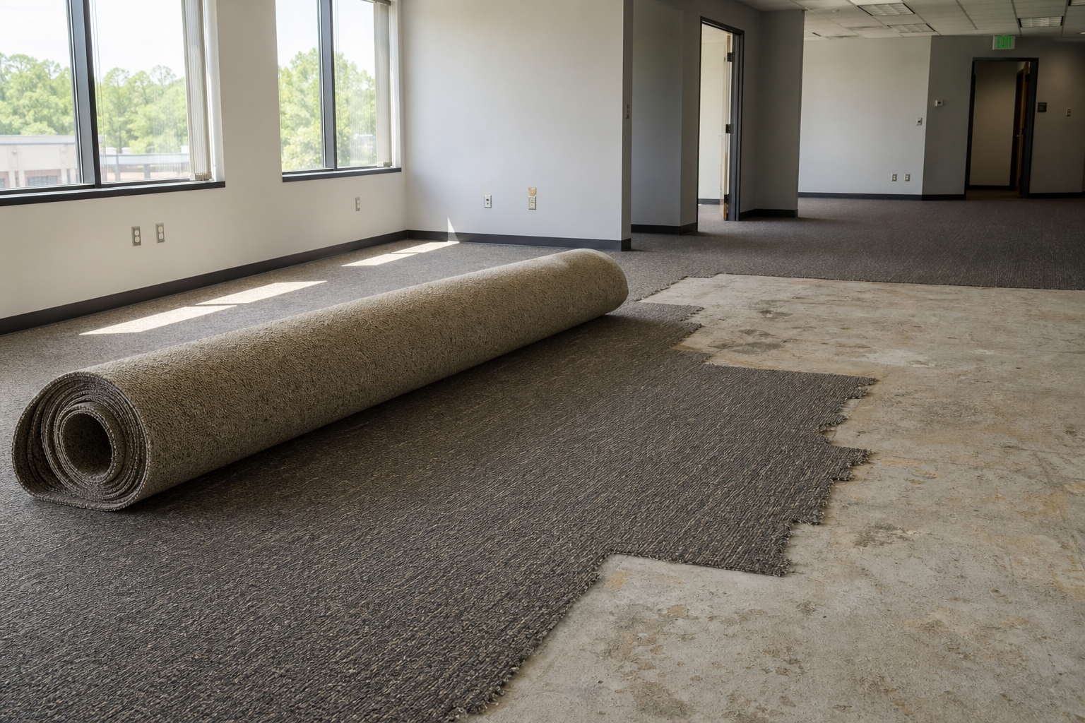 Wall-to-wall broadloom office carpet rolled up for removal