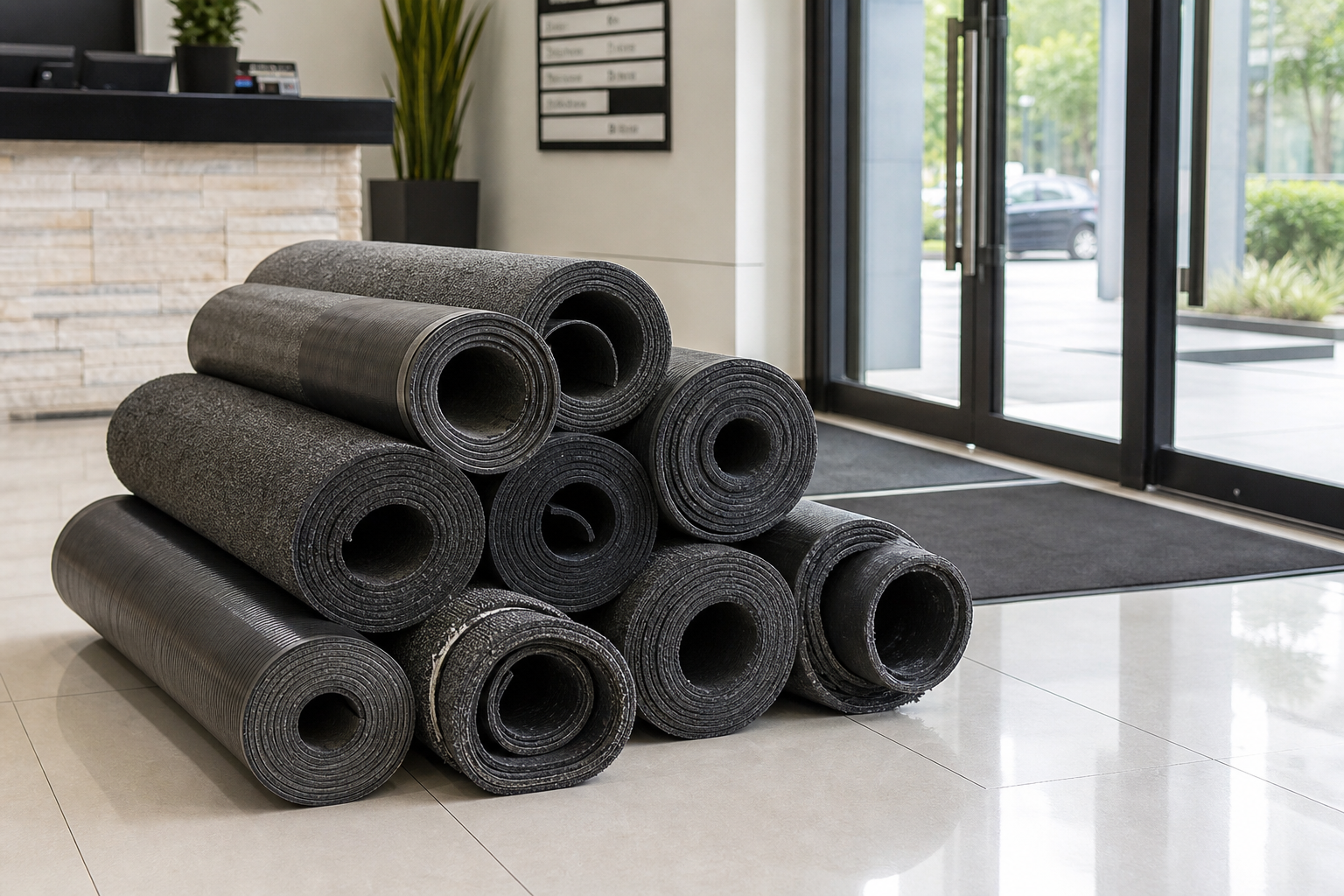 Heavy commercial entrance walk-off mats rolled up for removal