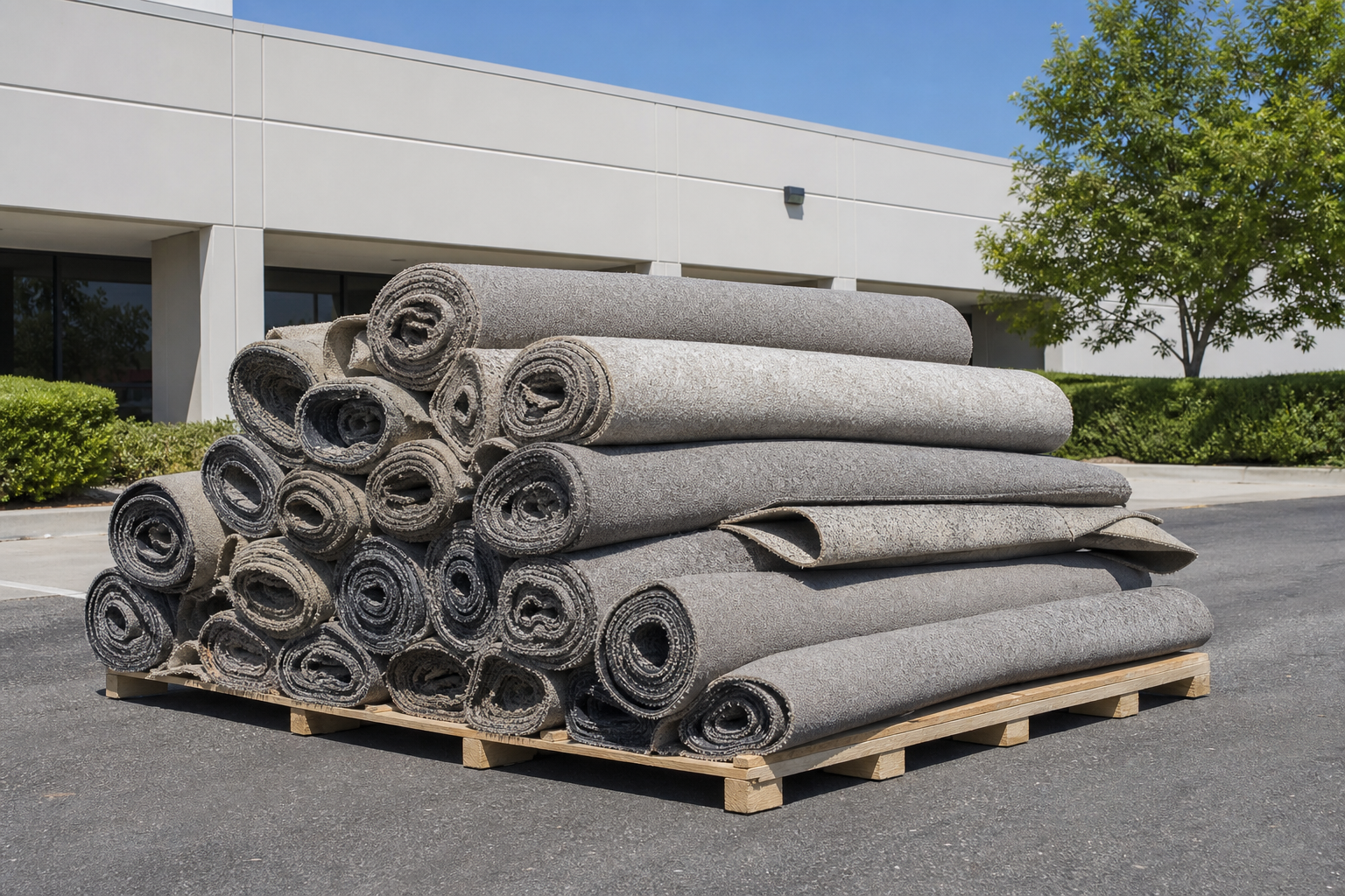 Rolled office carpet loaded into a junk removal truck for recycling