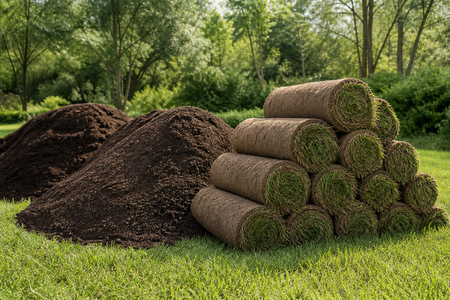 Separated piles of clean topsoil and stacked reusable sod rolls