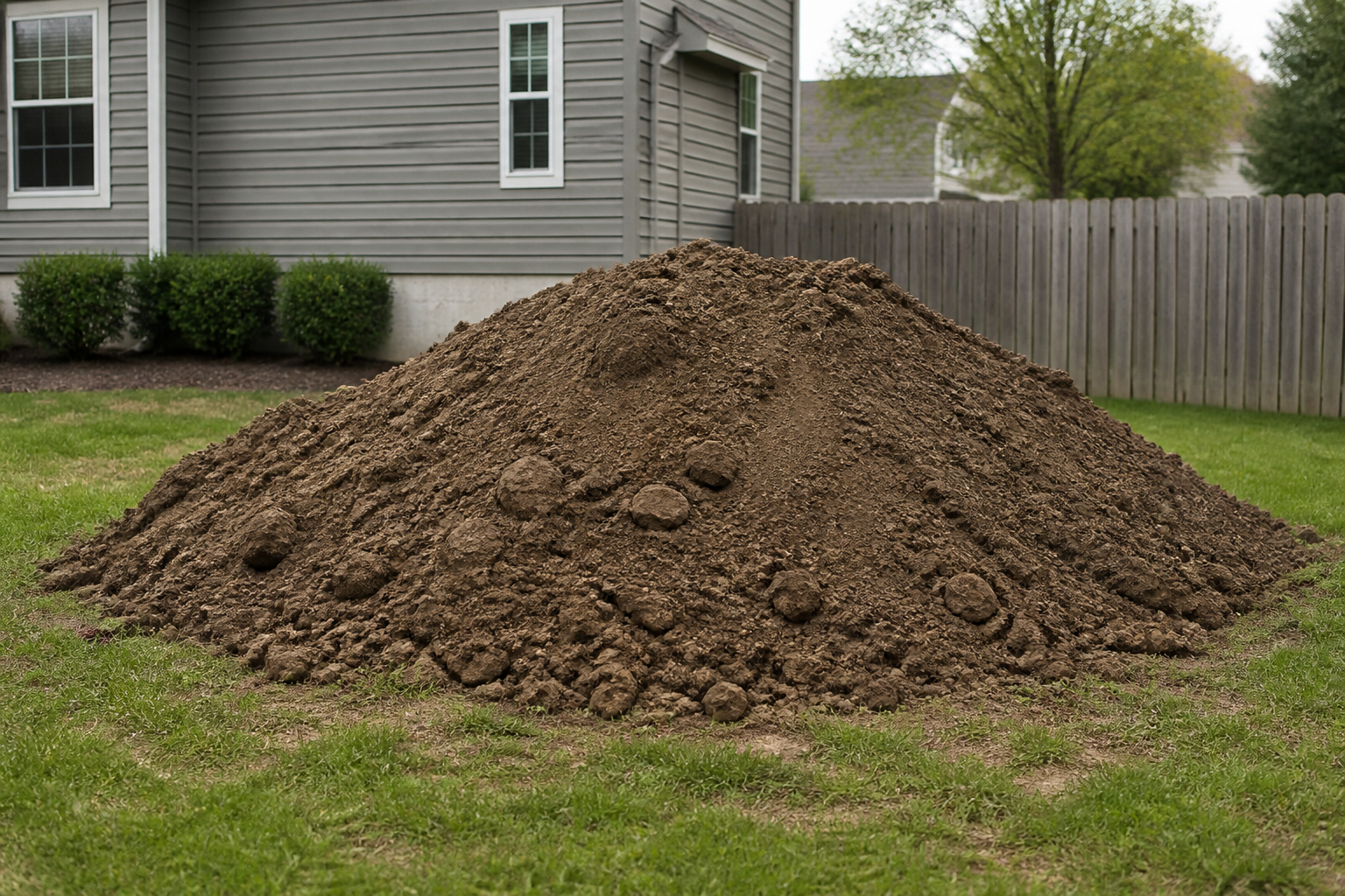 Large pile of excavated soil and dirt cleared from a residential lawn