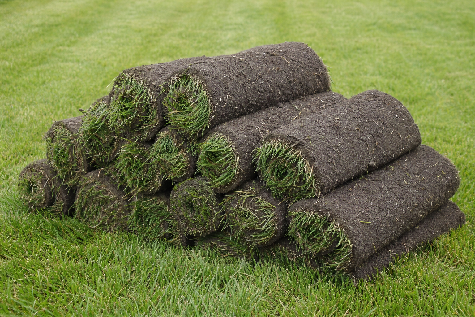Stacked rolls of old removed sod turf on a lawn