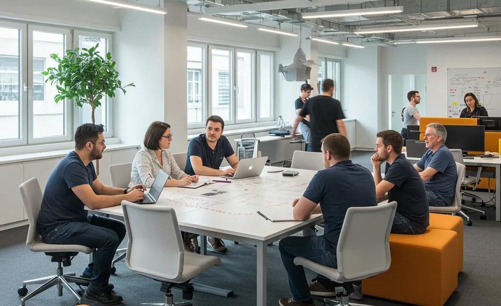 Collaborative workspace with employees brainstorming around a large table in a decluttered office