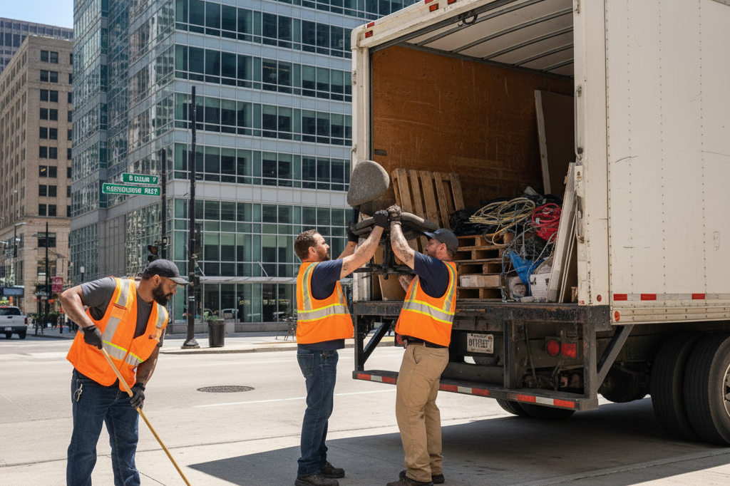Commercial junk hauler team in Chicago removing office furniture and equipment during a business cleanout