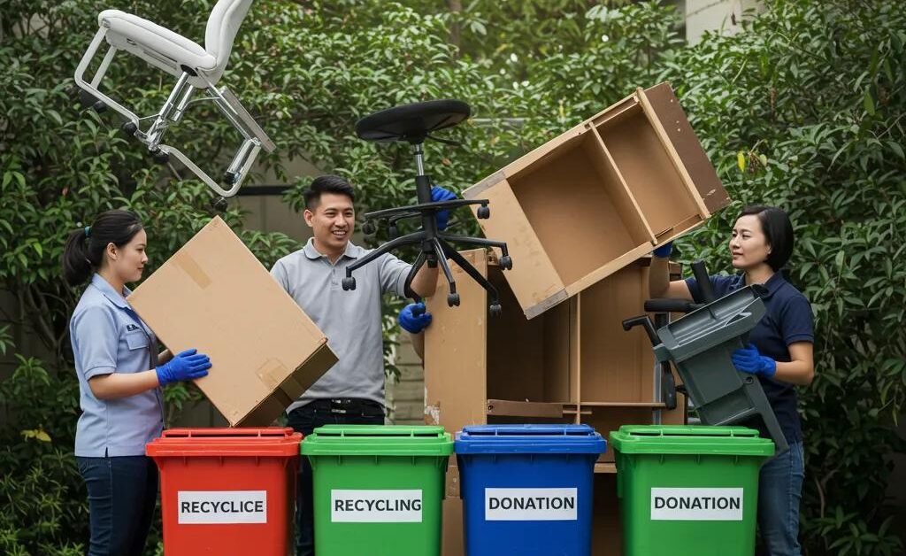 Eco-friendly disposal of office furniture with professionals sorting items for recycling and donation