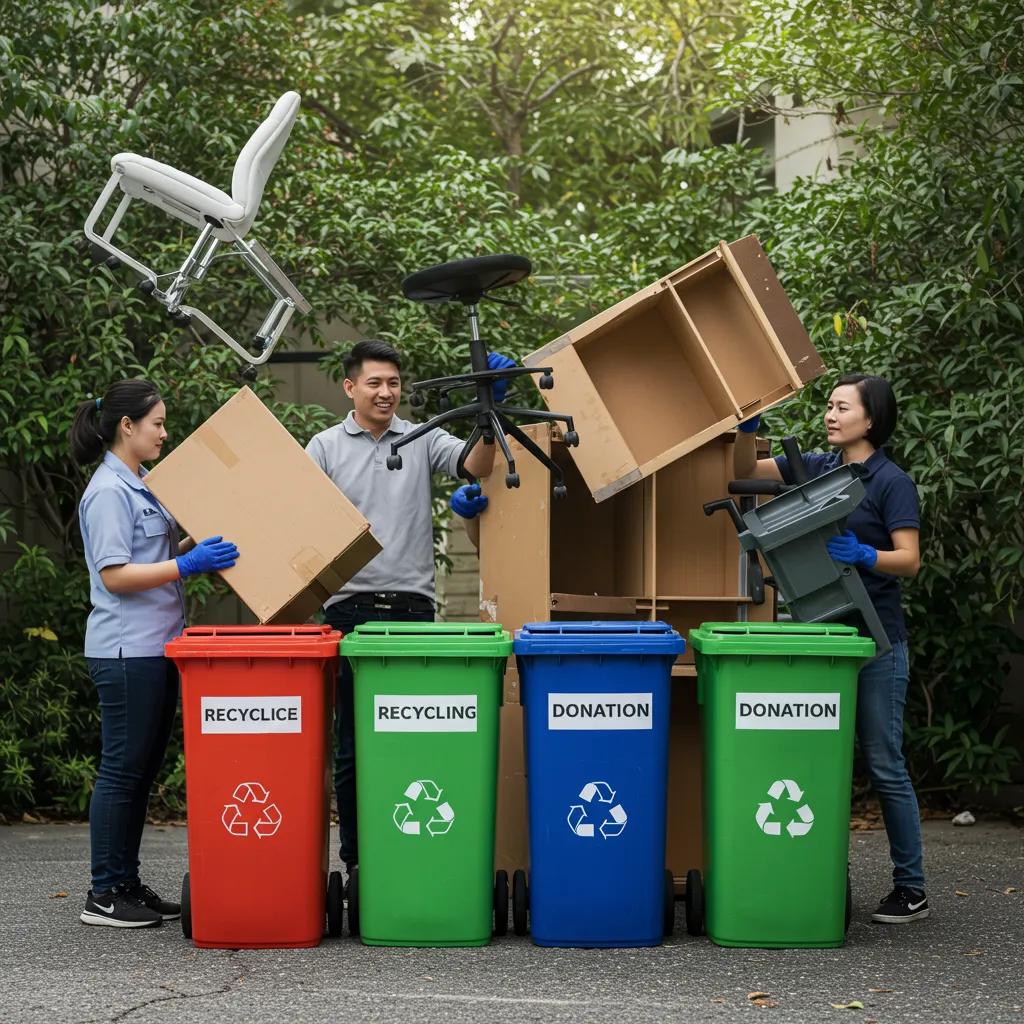 Eco-friendly disposal of office furniture with professionals sorting items for recycling and donation