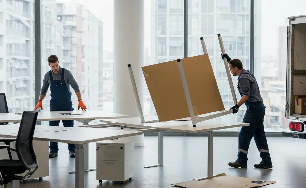 commercial junk removal in progress with professional movers disassembling a desk in a bright office space